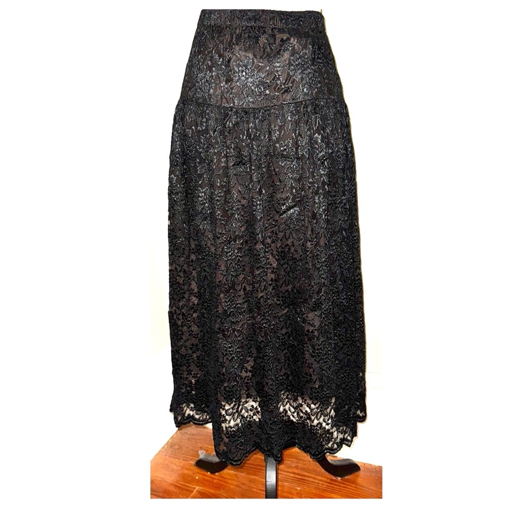 Vtg 90s Kiz Collection Black Full Lace Drop Waist Skirt, Sz 8/10 (read desc)